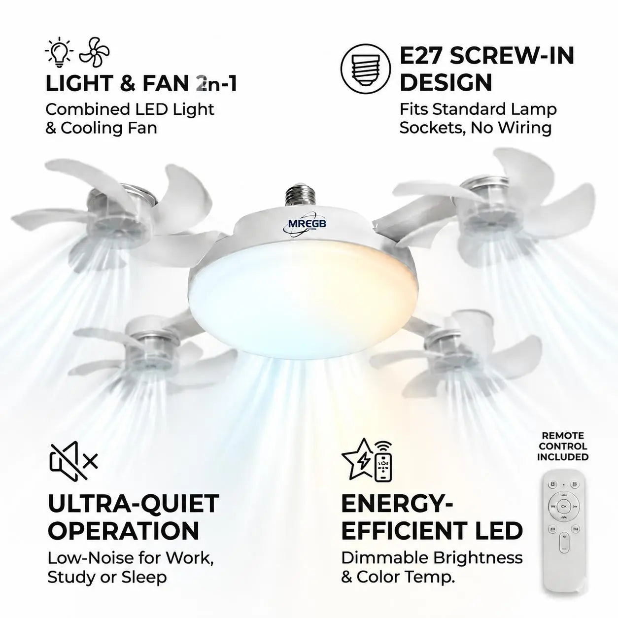 Experience Ultimate Comfort with the MREGB 2026 E27 Socket Ceiling Fan Light - A Stylish 2-In-1 Silent LED Fan and Remote-Controlled Lighting Solution for Your Home