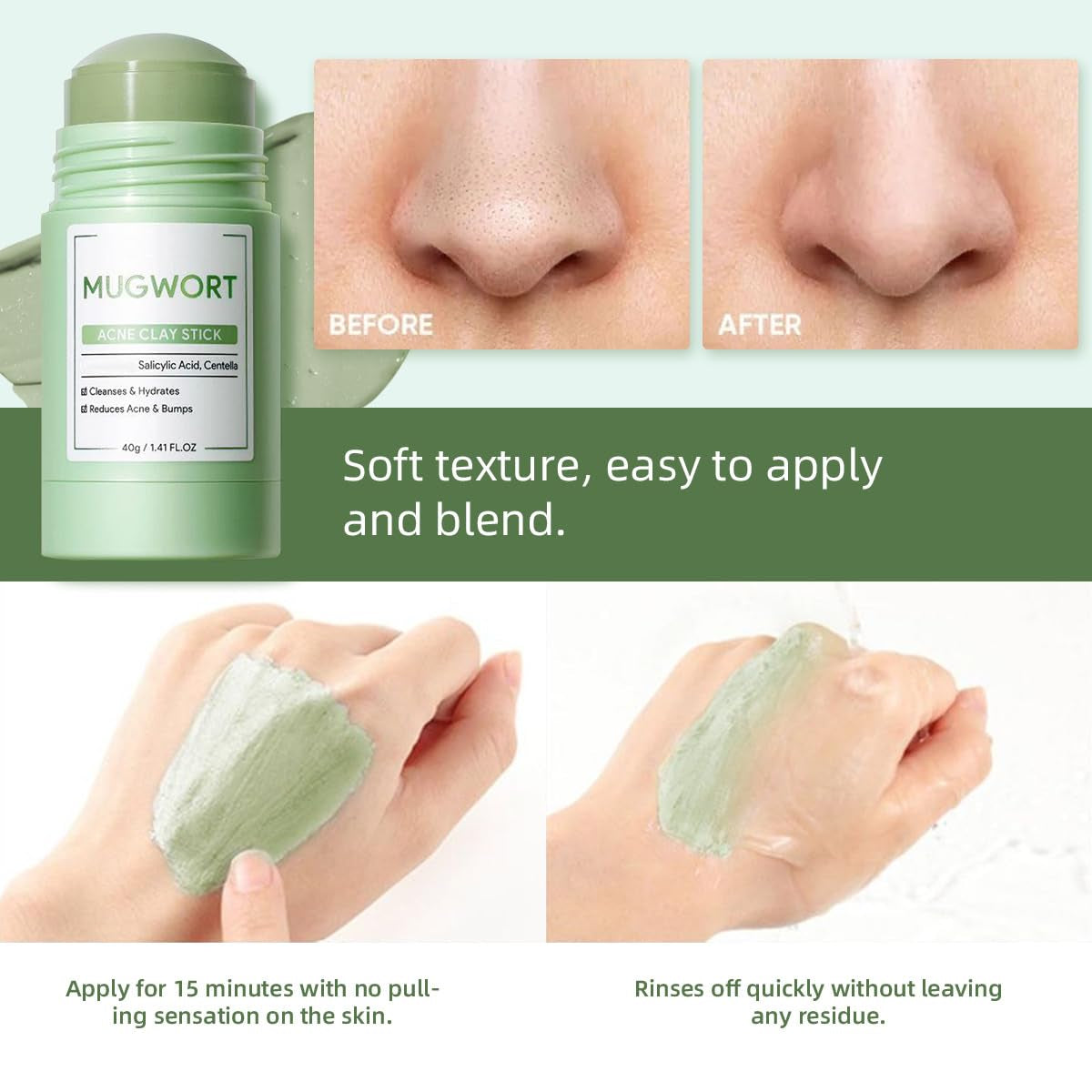 2 Pcs Face Mask Stick for Face，Volcanic and Wormwood Mud Mask Stick，Deep Cleanses, Gently Removes Blackheads, Repairs Skin，1.41 FL OZ Each