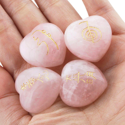 rockcloud Healing Crystal 4pcs Rose Quartz Heart Love Stones Hand Carved Worry Stones Palm Pocket Stone Reiki Balancing
