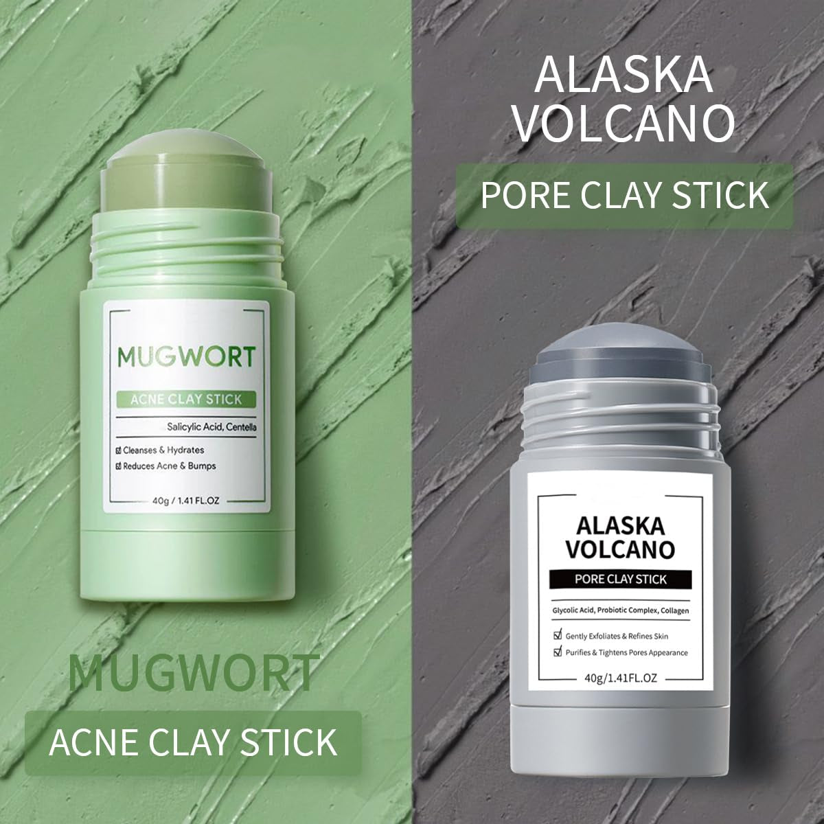 2 Pcs Face Mask Stick for Face，Volcanic and Wormwood Mud Mask Stick，Deep Cleanses, Gently Removes Blackheads, Repairs Skin，1.41 FL OZ Each